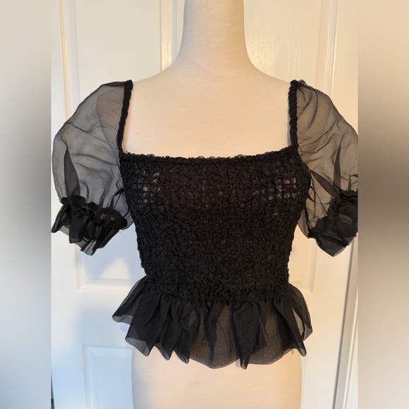 STAUD Tops - STAUD Black Sheer Puff Sleeve Blouse